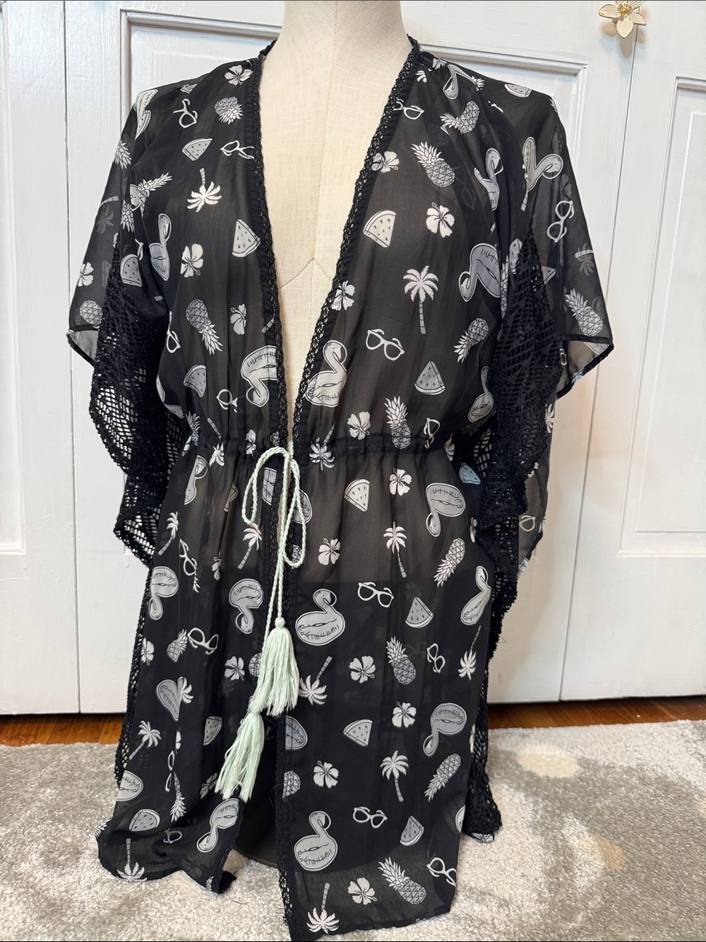 Miken Black Sheer Swim Coverup with White Tropical Print